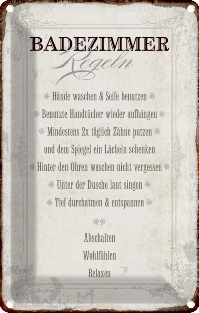 [LA-112840-2030] Blechschild 30x20 cm Badezimmer Regeln Haus Spruch Zitat