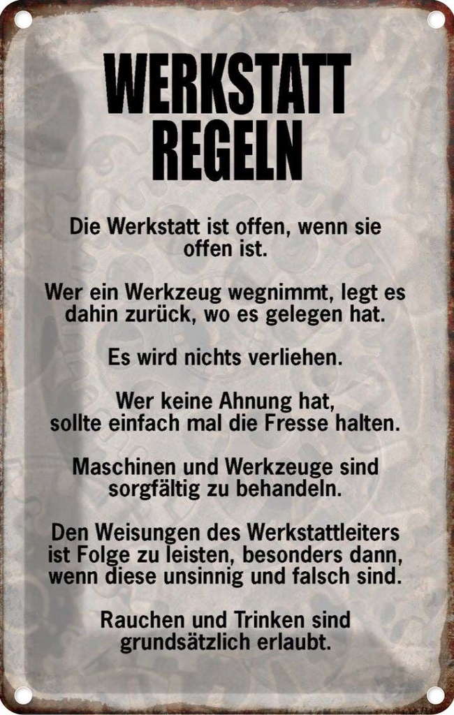[LA-113280-2030] Blechschild 30x20 cm Werkstatt Regeln Werkzeug Auto Garage