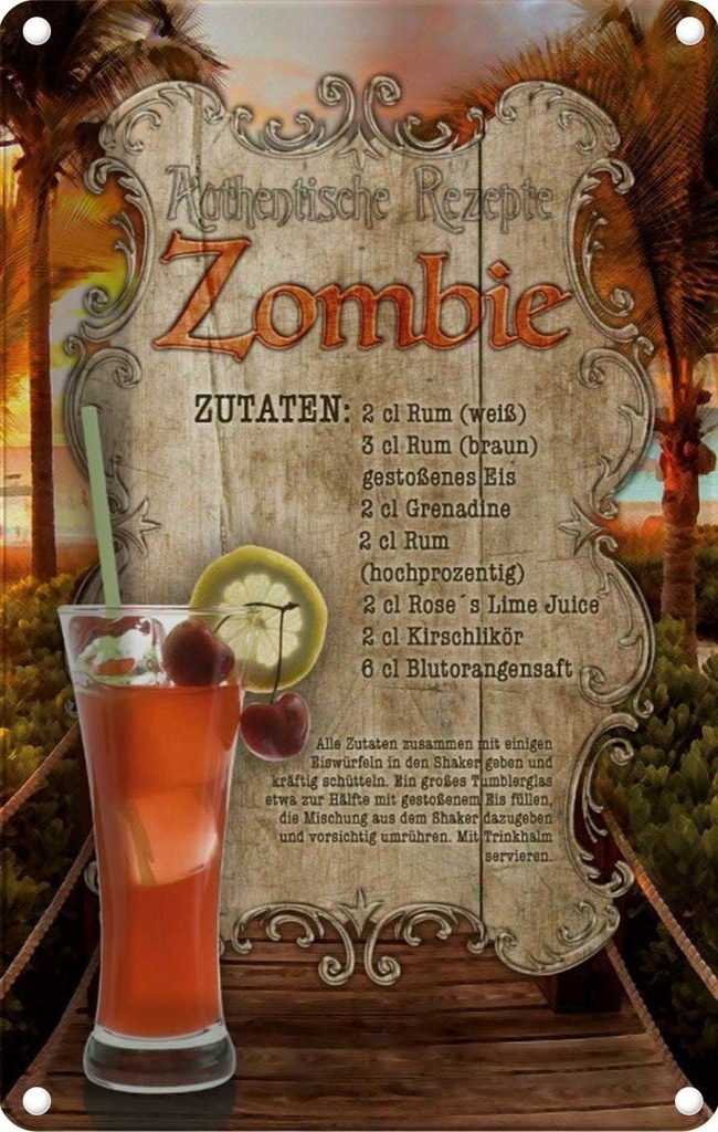 [LA-113672-2030] Blechschild 30x20 cm Rezept Zombie Küche Zutaten Rum Grenadine England Bar Club Alkohol Restaurant
