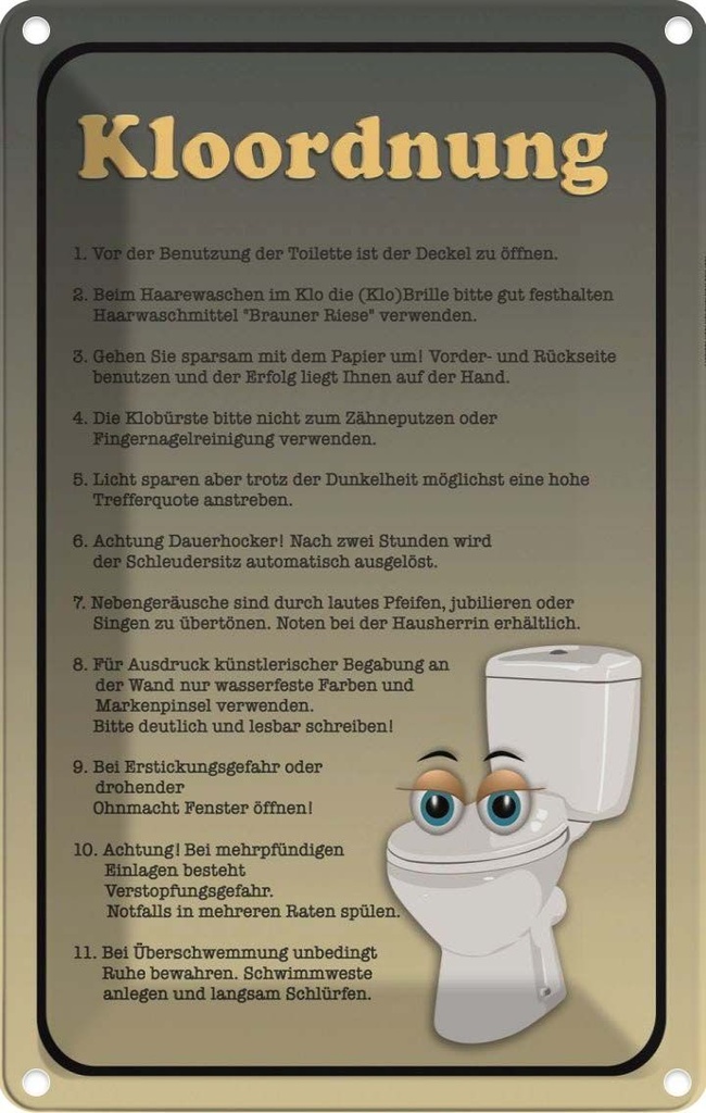 [LA-113861-2030] Blechschild 30x20 cm Kloordnung Toilette WC Regeln Warnschild Hinweisschild Sicherheit Vorsicht