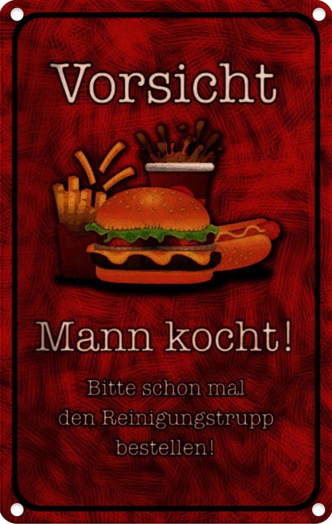 [LA-113885-2030] Blechschild 30x20 cm Vorsicht Mann kocht bitte Warnschild Hinweisschild Sicherheit