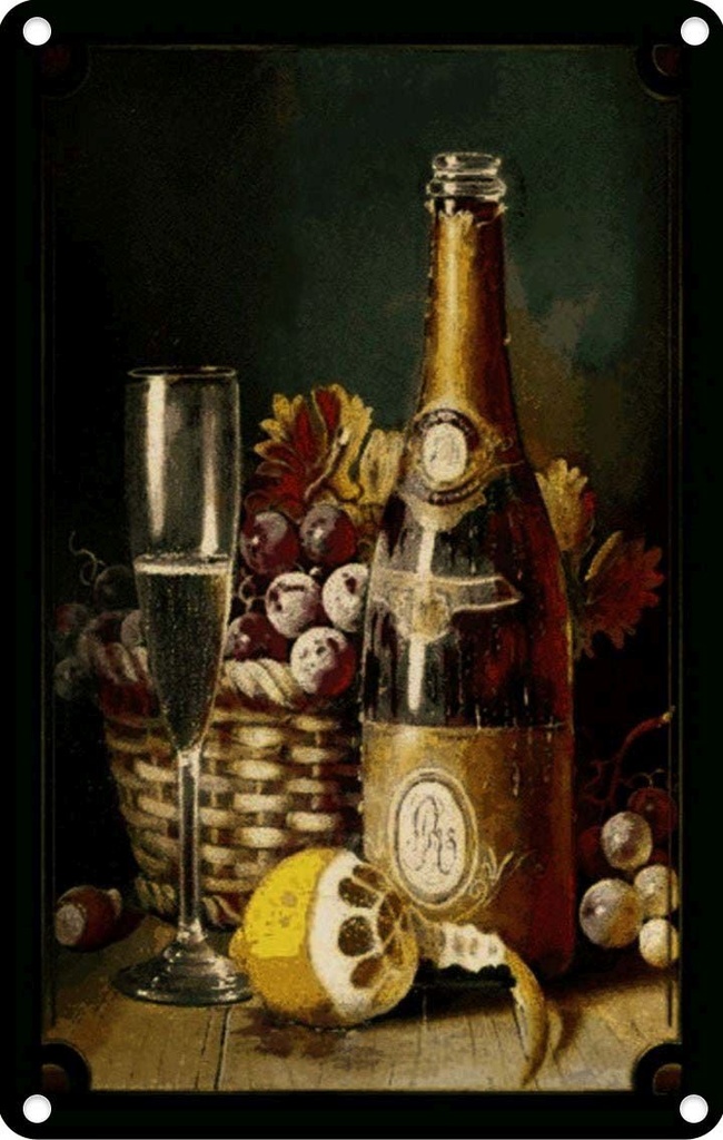 [LA-113923-2030] Blechschild 30x20 cm Kunst Stillleben Sekt Obstkorb Zitrone Essen Trinken