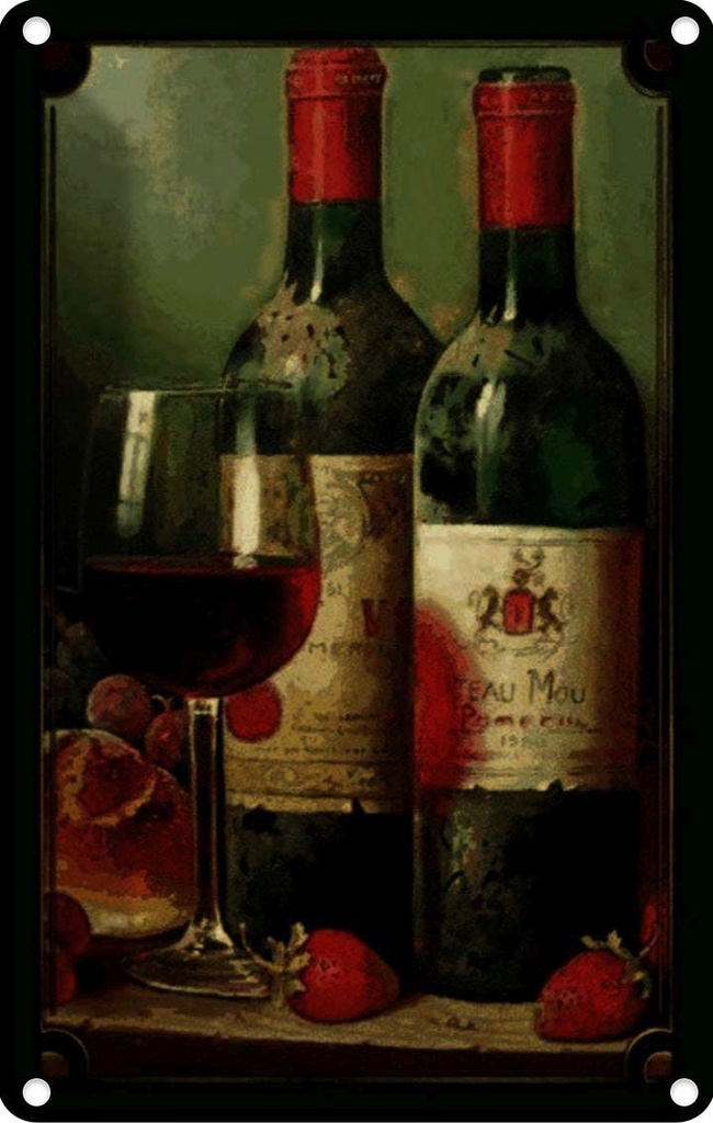[LA-113924-2030] Blechschild 30x20 cm Kunst Stillleben Rotwein Erdbeeren Obst Essen Trinken