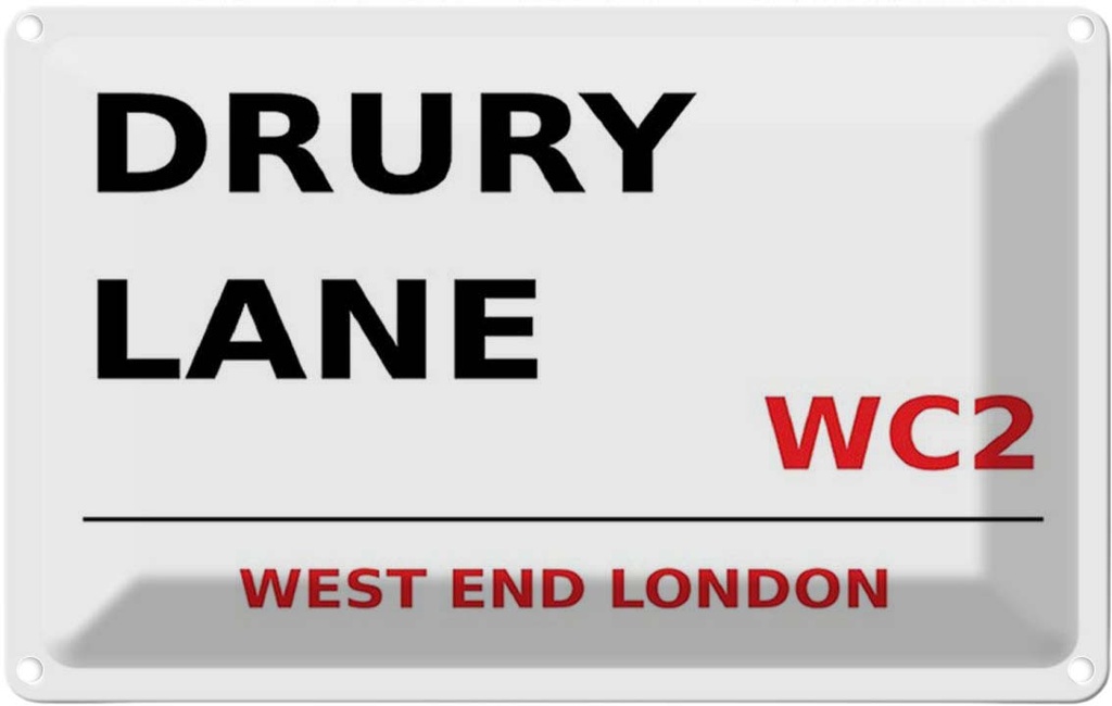 [LA-114338-2030] Blechschild 20x30 cm west end Drury Lane WC2 Abenteuer Reisen England Urlaub
