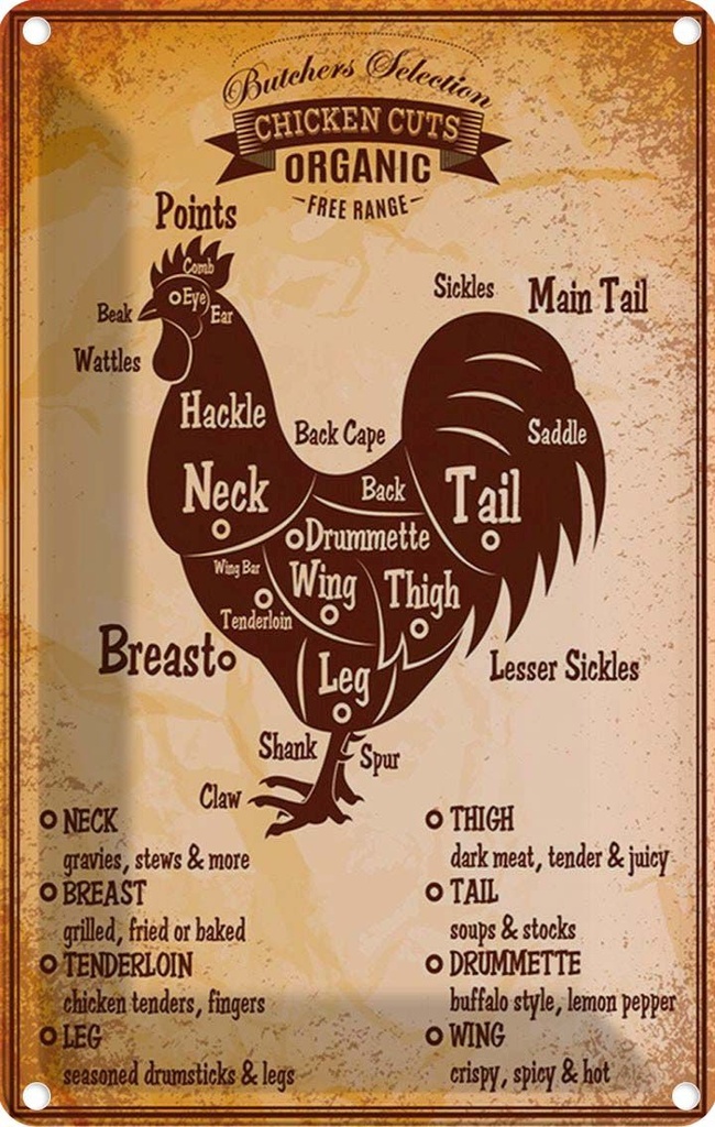 [LA-114613-2030] Blechschild 30x20 cm Hähnchen Chicken cuts Organic Metzgerei Hofladen Marktstand Laden