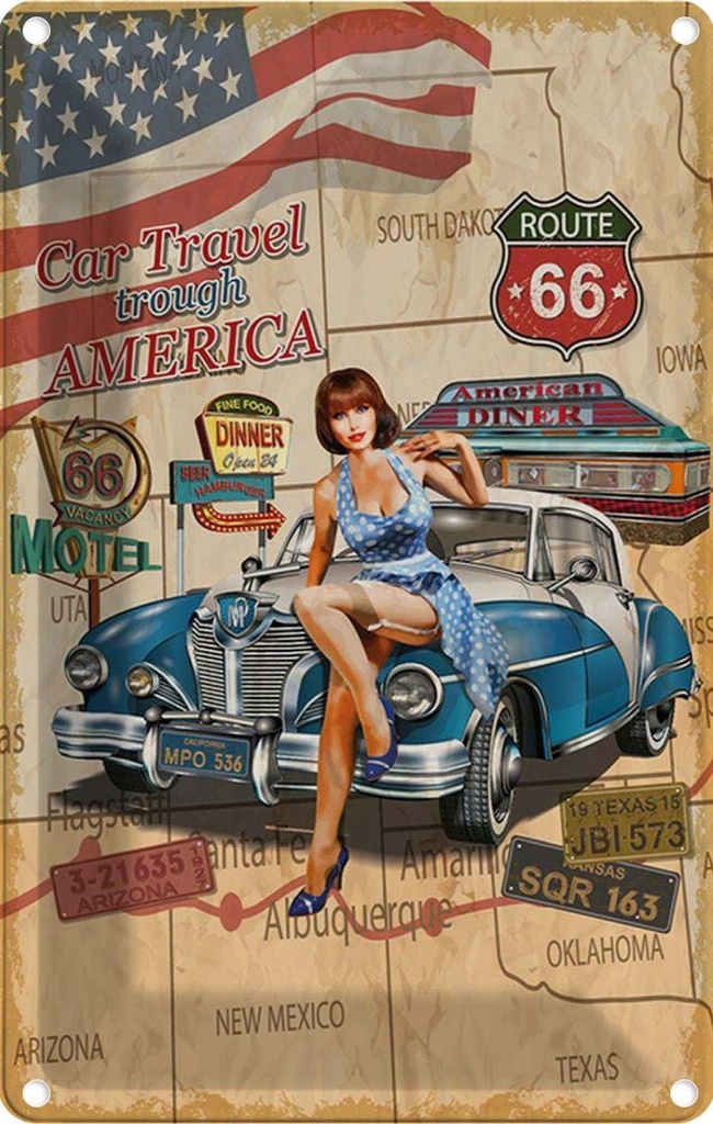 [LA-114620-2030] Blechschild 30x20 cm Pinup Car Travel trough America Pin Up