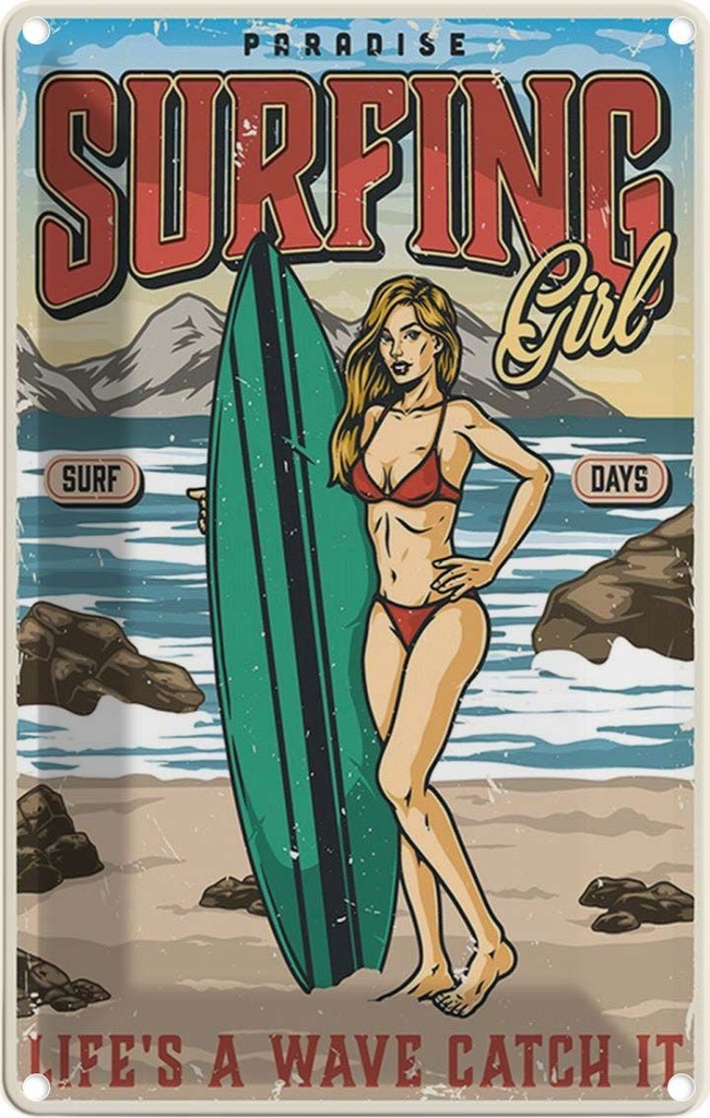 [LA-114631-2030] Blechschild 30x20 cm Pinup Surfing Girl Paradise Sommer Pin Up