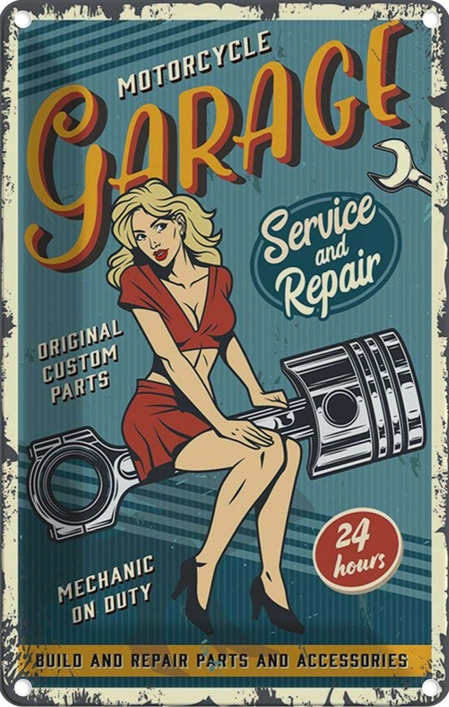 [LA-114665-2030] Blechschild 30x20 cm Pinup motorcycle Garage 24service Pin Up