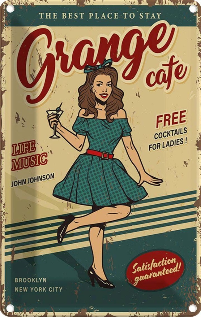 [LA-114667-2030] Blechschild 30x20 cm Pinup Grange cafe life music Pin Up