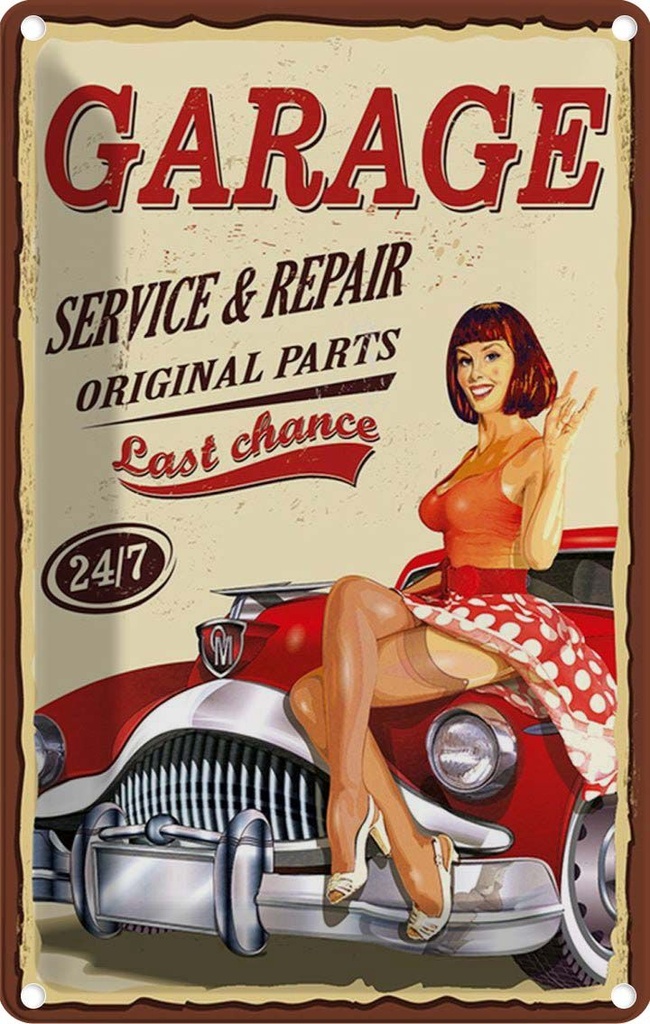 [LA-114696-2030] Blechschild 30x20 cm Pinup Garage service repair 24/7 Pin Up