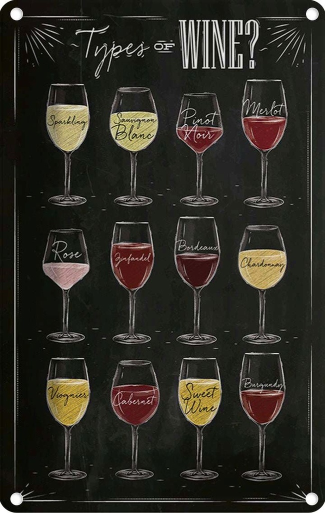 [LA-114752-2030] Blechschild 30x20 cm Wein Types Club Alkohol of wine Merlot Rose Essen Trinken Bar