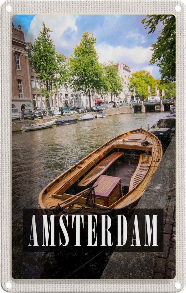 [LA-129736] Blechschild 30x20 cm Amsterdam Reiseziel Boot Holland Bildmotiv Reisemotiv Abenteuer Reisen Urlaub