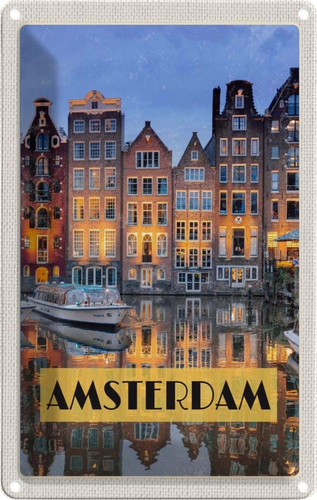 [LA-129737] Blechschild 30x20 cm Amsterdam bei Nacht Reiseziel Bildmotiv Reisemotiv Abenteuer Reisen Urlaub