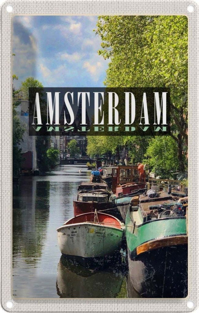 [LA-129739] Blechschild 30x20 cm Amsterdam Reiseziel Bootsfahrt Bildmotiv Reisemotiv Abenteuer Reisen Urlaub