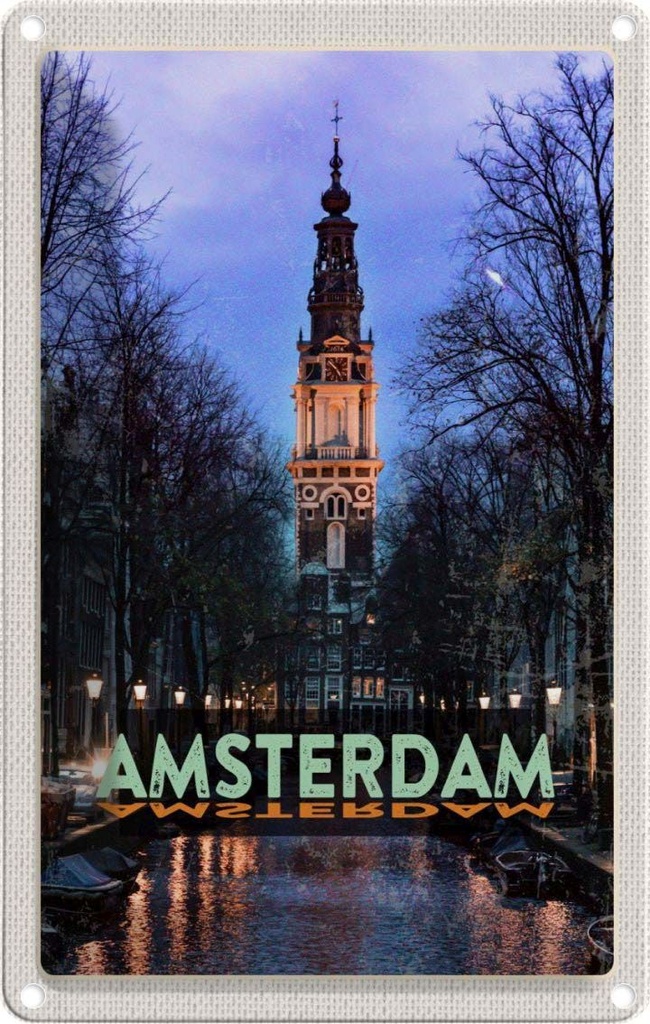 [LA-129741] Blechschild 30x20 cm Amsterdam Reiseziel Munt Tower Bildmotiv Reisemotiv Abenteuer Reisen Urlaub