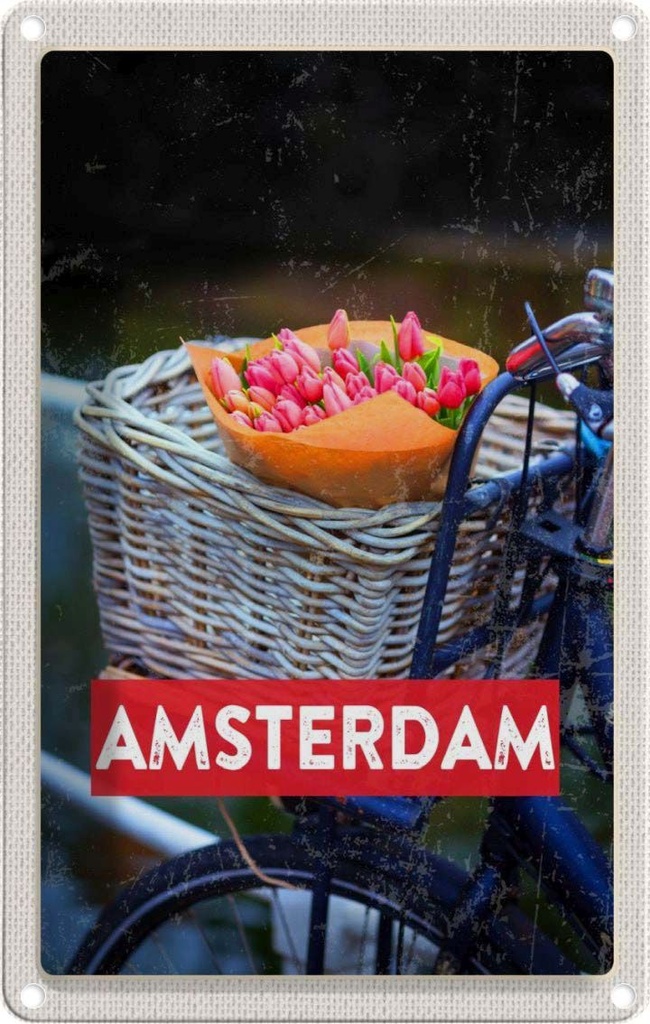 [LA-129742] Blechschild 30x20 cm Retro Amsterdam Tulpen Fahrrad Bildmotiv Reisemotiv Abenteuer Reisen Urlaub