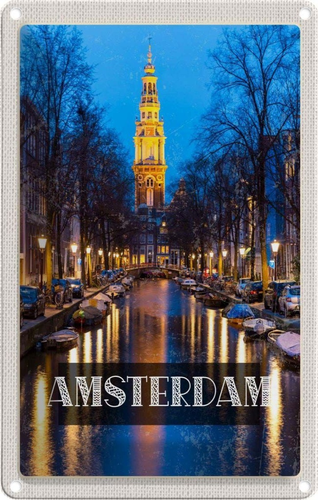 [LA-129743] Blechschild 30x20 cm Retro Amsterdam Munt Tower Nacht Bildmotiv Reisemotiv Abenteuer Reisen Urlaub