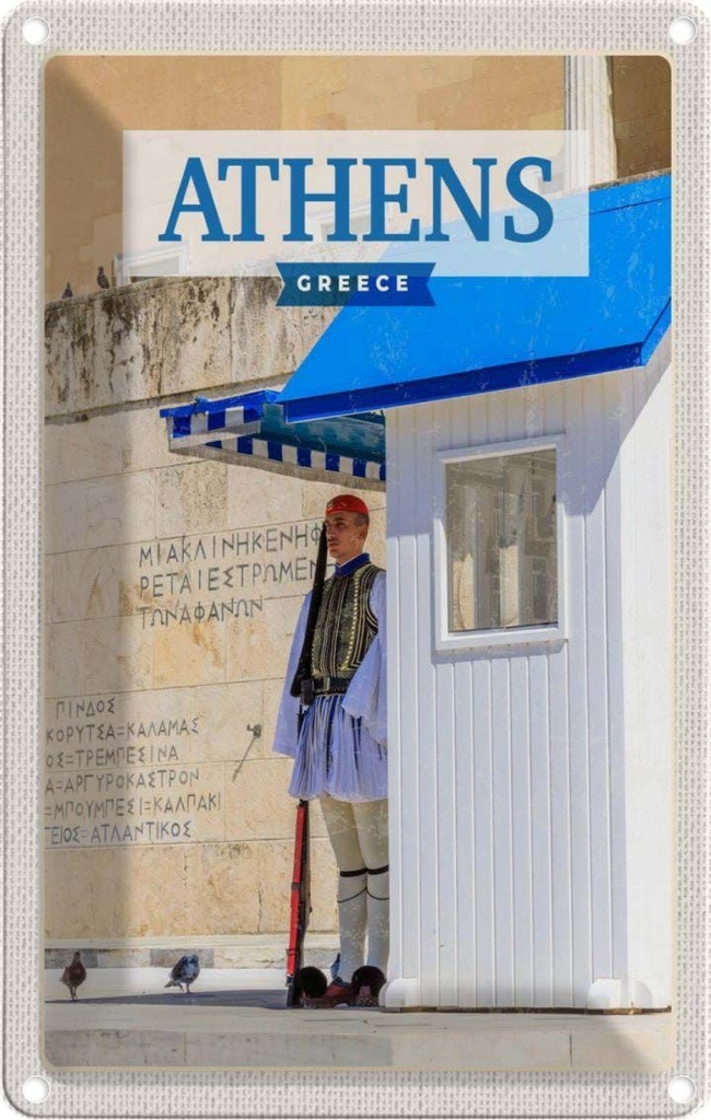 [LA-129753] Blechschild 30x20 cm Athens Greece Evzone Wache Bildmotiv Reisemotiv Abenteuer Reisen Urlaub