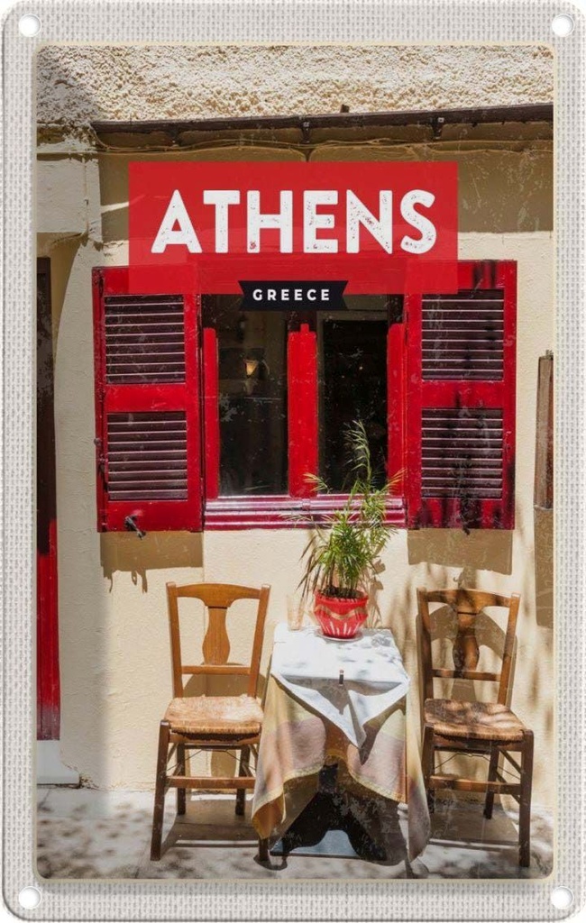 [LA-129754] Blechschild 30x20 cm Athens Greece Cafe Fensterläden Bildmotiv Reisemotiv Abenteuer Reisen Urlaub