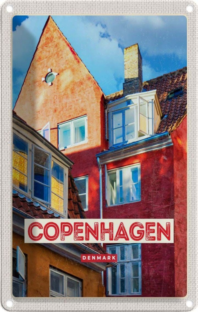 [LA-129763] Blechschild 30x20 cm Copenhagen Denmark altes Haus Bildmotiv Reisemotiv Abenteuer Reisen Urlaub