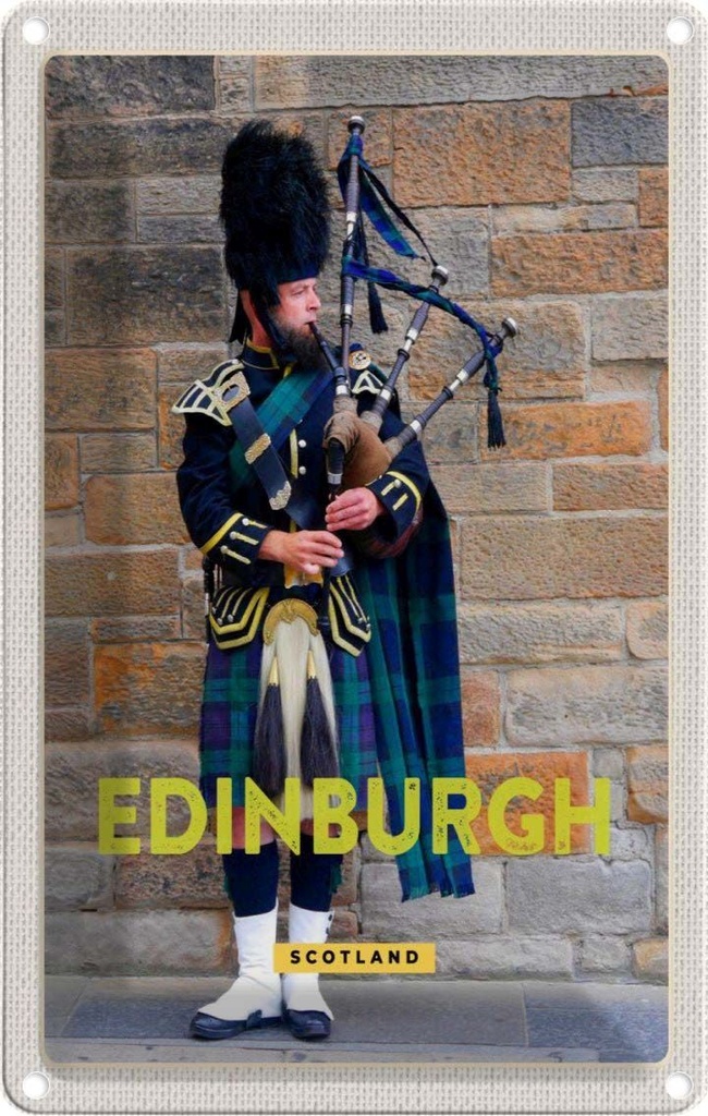 [LA-129782] Blechschild 30x20 cm Edinburgh Scotland Dudelsack Mann Bildmotiv Reisemotiv Abenteuer Reisen Urlaub
