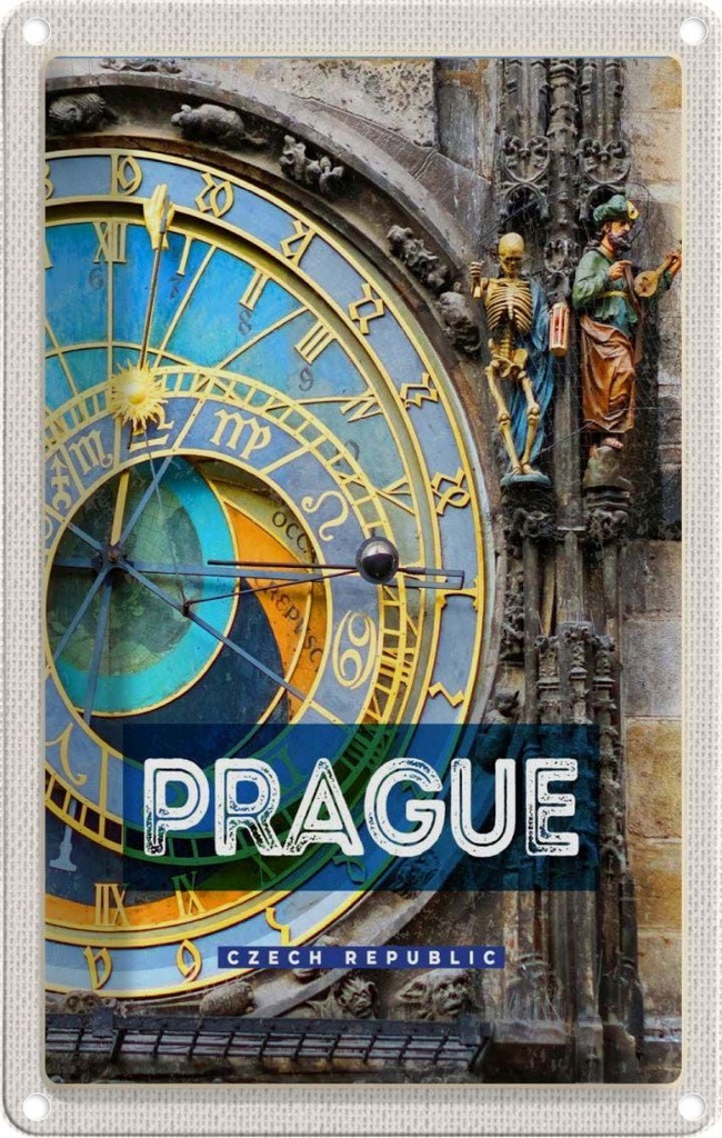 [LA-129863] Blechschild 30x20 cm Prague Rathausuhr Tschechien Bildmotiv Reisemotiv Abenteuer Reisen Urlaub