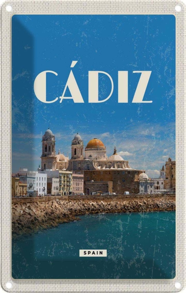 [LA-129893] Blechschild 30x20 cm Retro Cadiz Spain Altstadt Meer Bildmotiv Reisemotiv Abenteuer Reisen Urlaub