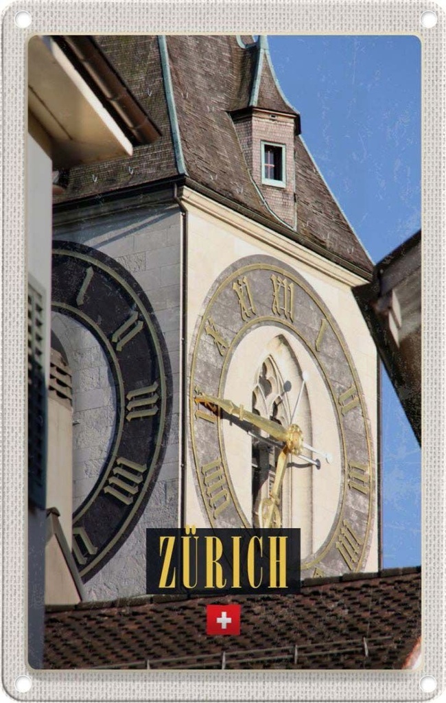 [LA-130645] Blechschild 30x20 cm Zürich Kirchenuhr Gold Architektur Häuser