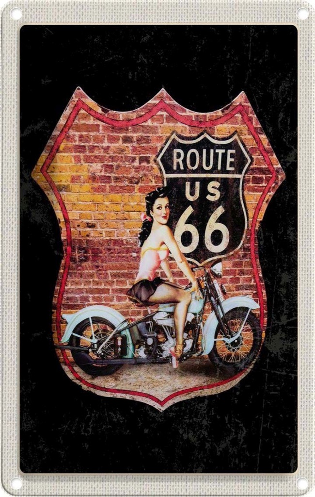 [LA-130807] Blechschild 30x20 cm USA Amerika Reisen Urlaub Route US 66 Motorrad Frau Bildmotiv Reisemotiv Abenteuer