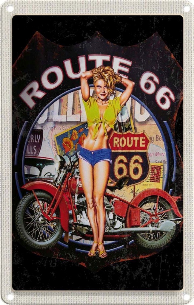 [LA-130808] Blechschild 30x20 cm USA Amerika Route US 66 Biker Frau