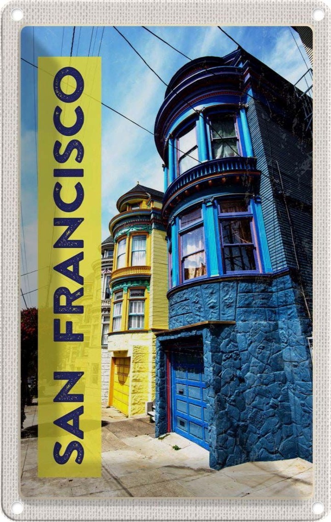 [LA-130853] Blechschild 30x20 cm San Francisco Amerika USA Urlaub Häuser blau gelb Bildmotiv Reisemotiv Abenteuer Reisen
