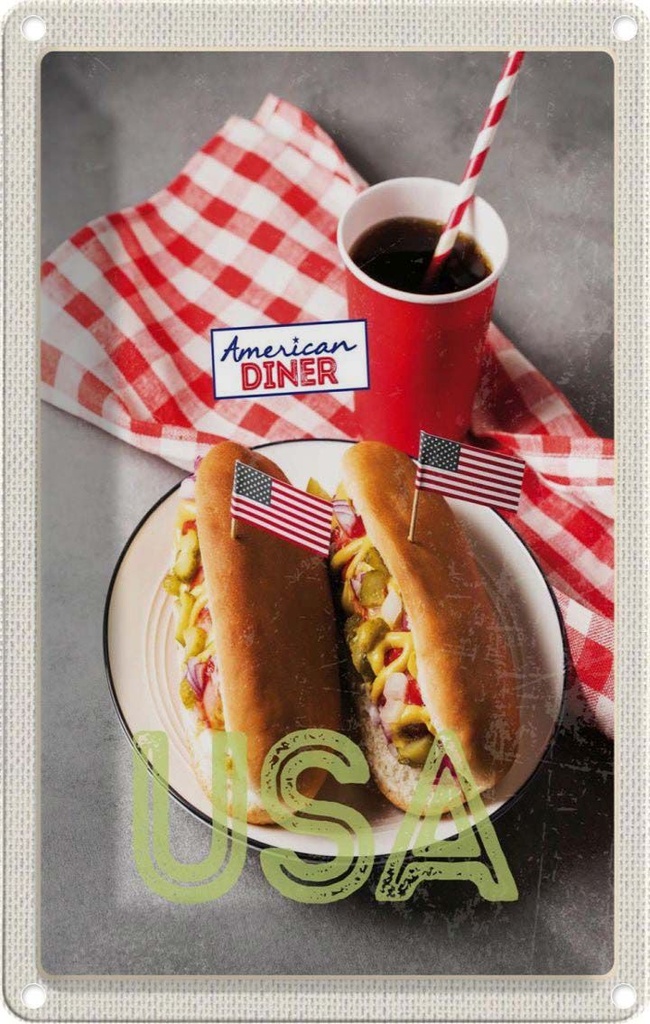 [LA-130929] Blechschild 30x20 cm Amerika USA Reisen Urlaub Hot Dog Gurken Senf Cola Bildmotiv Reisemotiv Abenteuer