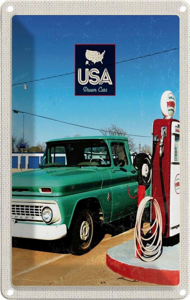 [LA-130948] Blechschild 30x20 cm Amerika Oldtimer Urlaub Tanksäule PKW Bildmotiv Reisemotiv Abenteuer Reisen USA