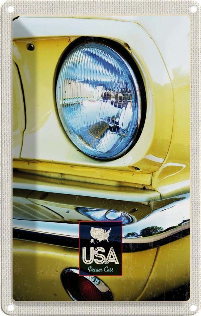 [LA-130951] Blechschild 30x20 cm Amerika Oldtimer Urlaub Scheinwerfer gelb Bildmotiv Reisemotiv Abenteuer Reisen USA