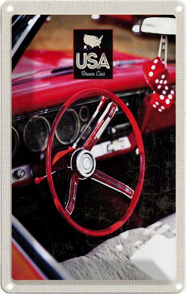 [LA-130952] Blechschild 30x20 cm Amerika Oldtimer USA Urlaub Rot Würfel Bildmotiv Reisemotiv Abenteuer Reisen