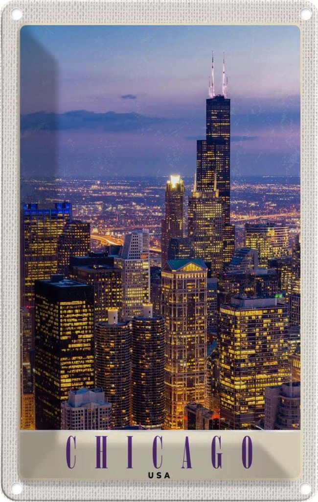 [LA-131000] Blechschild 30x20 cm Chicago Amerika USA Urlaub Hochhaus Abend Bildmotiv Reisemotiv Abenteuer Reisen