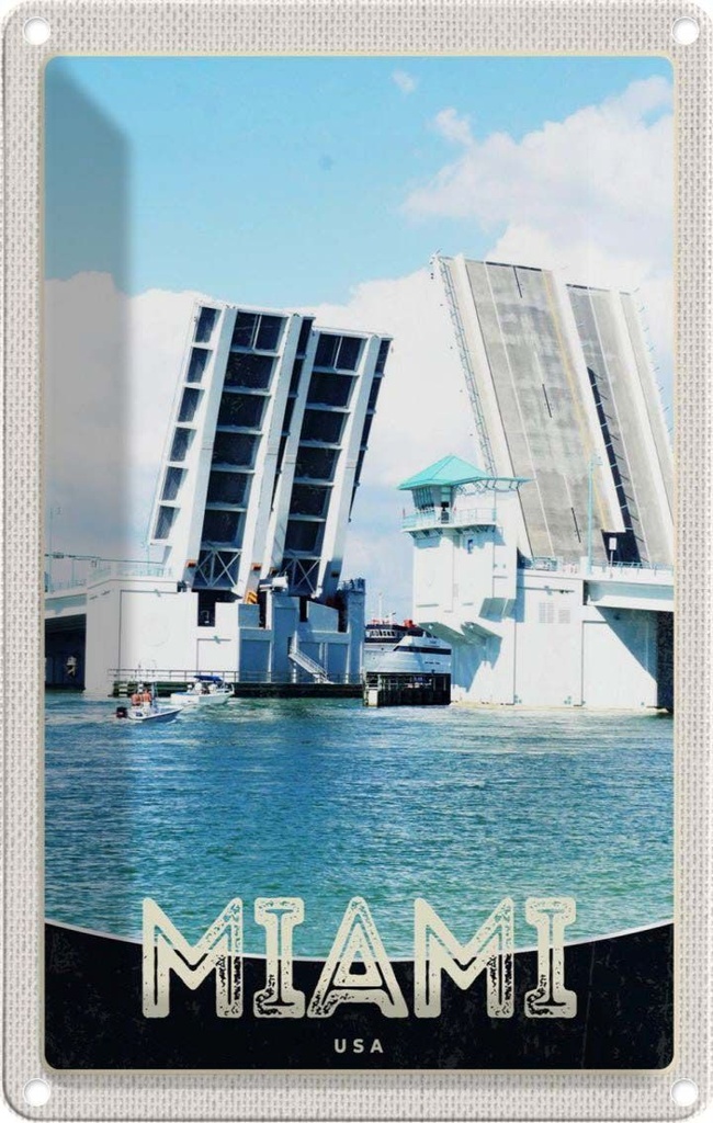 [LA-131082] Blechschild 30x20 cm Miami Amerika USA Urlaub Brücke Schiffe Meer Bildmotiv Reisemotiv Abenteuer Reisen