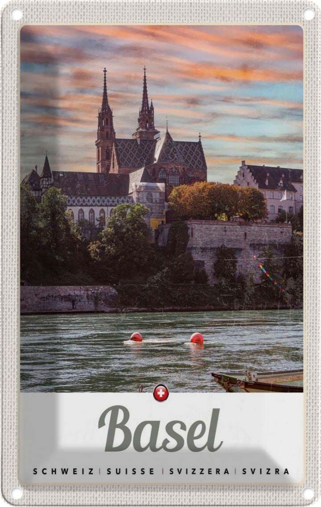 [LA-131506] Blechschild 30x20 cm Basel Schweiz Häuser Architektur Fluss Natur Bildmotiv Reisemotiv Abenteuer Reisen Urlaub