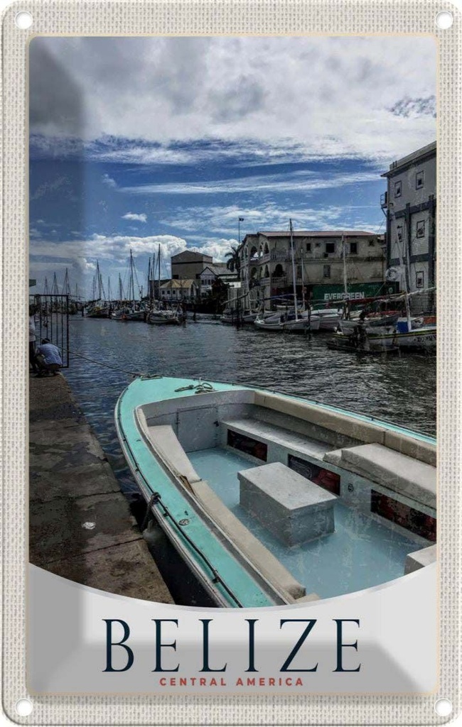 [LA-131624] Blechschild 30x20 cm Belize Central USA Urlaub Amerika Boote Ufer Bildmotiv Reisemotiv Abenteuer Reisen