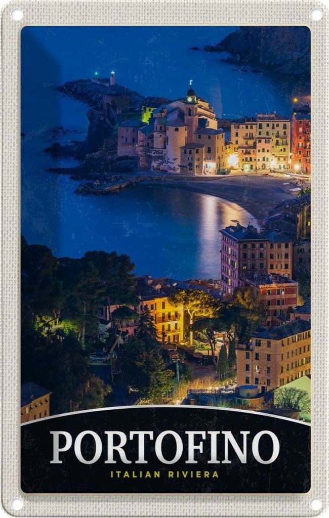 [LA-131781] Blechschild 30x20 cm Portofino Italien Riviera Abend Bildmotiv Reisemotiv Abenteuer Reisen Urlaub