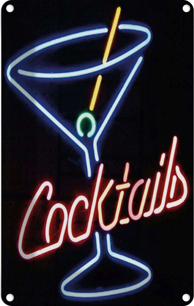 Blechschild 30x20 cm Cocktails Neon Strohhalm