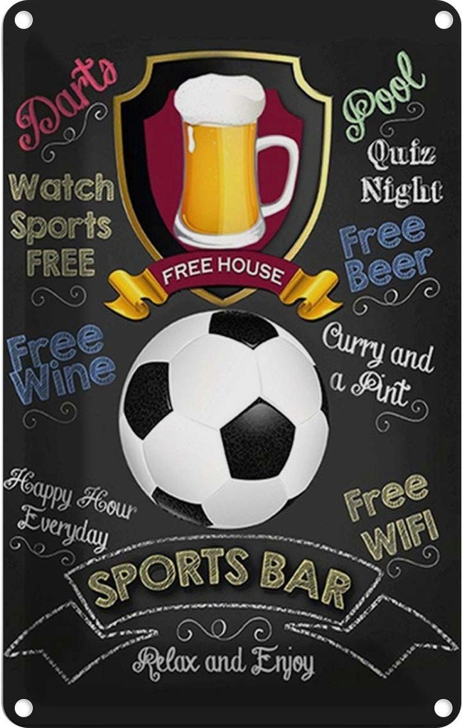 Blechschild 30x20 cm sports bar free wine darts pool