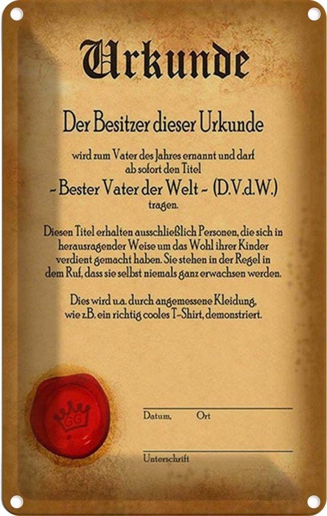 [LA-1784928] Blechschild 30x20 cm Urkunde bester Vater der Welt Spruch Zitat