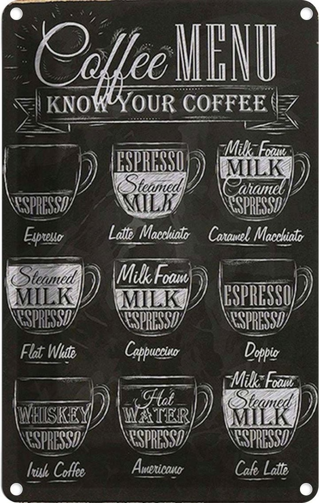 Blechschild 30x20 cm Coffee Menu Espresso Latte Flat