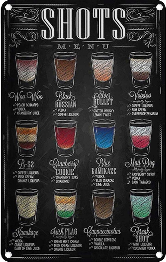 Blechschild 30x20 cm Shots Menu Woo Black russian