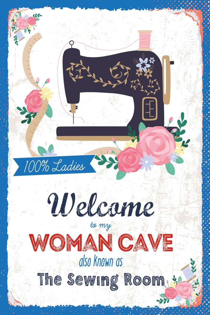 [LA-1809106] Blechschild 30x20 cm Welcome to my woman cave Nähmaschine