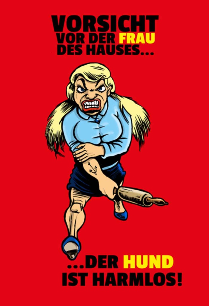 [LA-111861-H] Holzschild 30x20 cm Vorsicht vor Frau Hund harmlos Tier Haustier