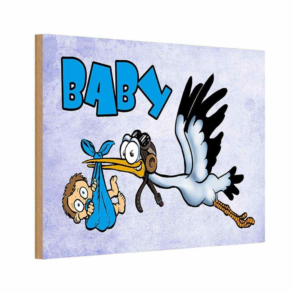 [LA-112197-H] Holzschild 20x30 cm Baby Storch bringt Kind in blau