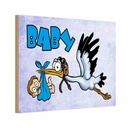 Holzschild 20x30 cm Baby Storch bringt Kind in blau