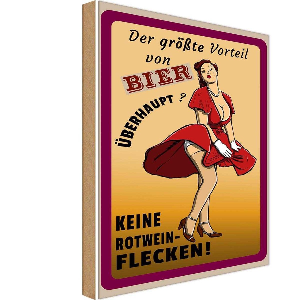 [LA-112355-H] Holzschild 30x20 cm Pinup Vorteil Bier keine Rotweinflecken Pin Up